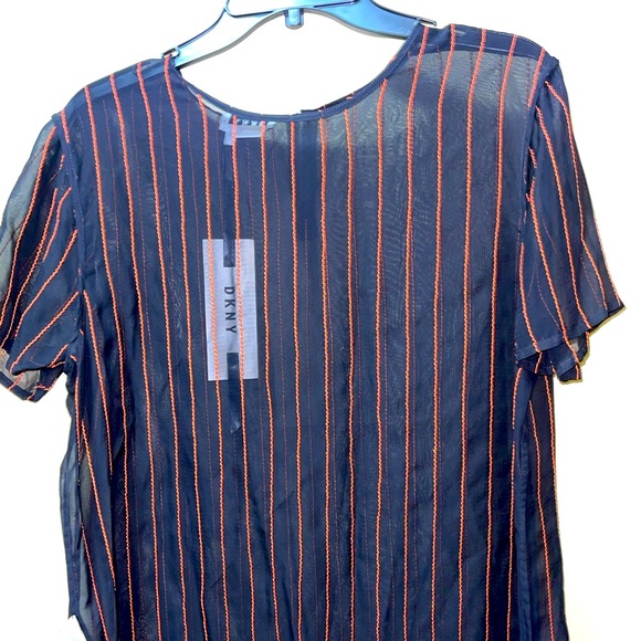 DKNY CHIFFON STRIPED BLOUSE WOMENS SHORT SLEVEE BLACK/ORANGE ROUND NECK SZ LARGE - Picture 4 of 14